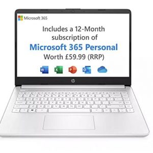 HP 14 Inch Laptop PC 14s-fq0015na, AMD Athlon 3020e, 4GB RAM, 128GB SSD, FHD, Radeon Graphics, Free upgrade to Windows 11, Microsoft 365 Personal 12 months included – White