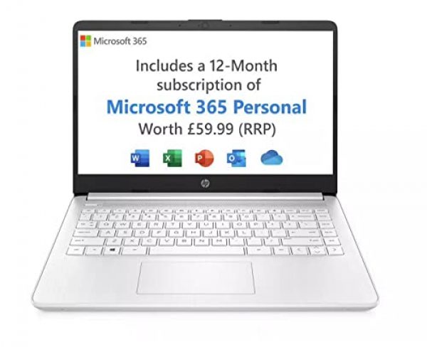HP 14 Inch Laptop PC 14s-fq0015na, AMD Athlon 3020e, 4GB RAM, 128GB SSD, FHD, Radeon Graphics, Free upgrade to Windows 11, Microsoft 365 Personal 12 months included – White